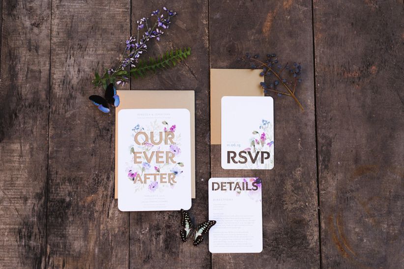woodland wedding idea — invitation suite decorated with butterflies and flowers