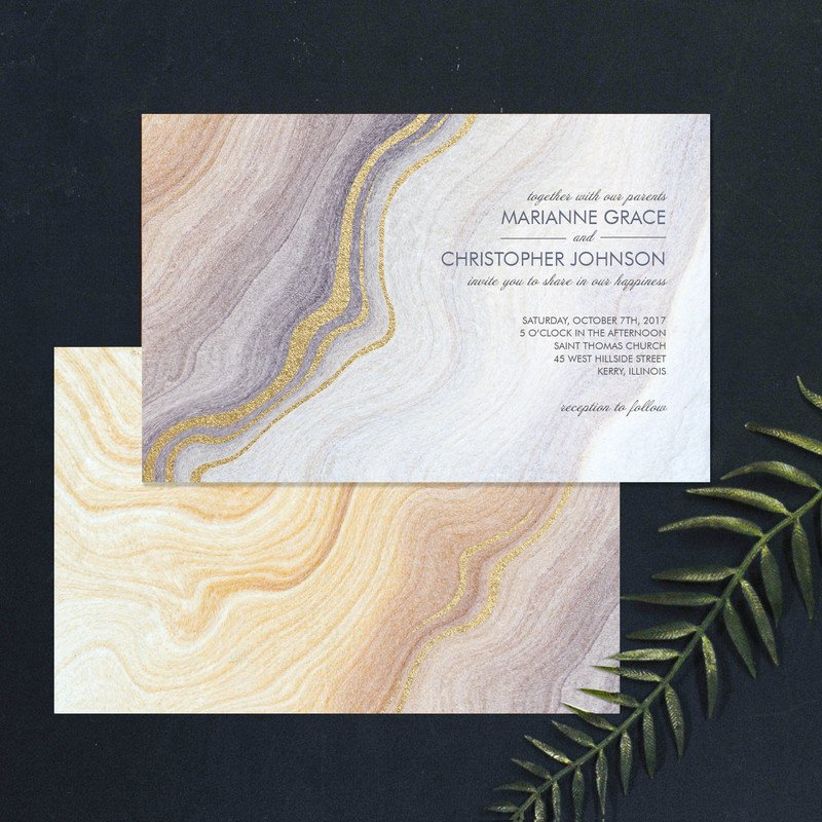 bohemian marble wedding invitations with gold foil and neutral gray and brown color palette